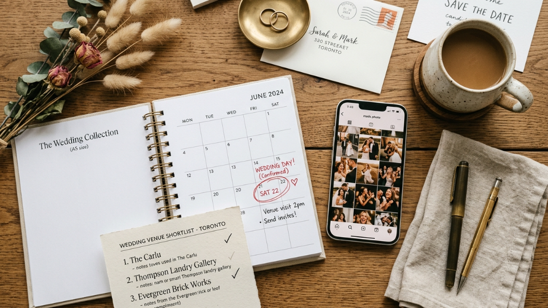 Wedding planning desk with a calendar and a photographer shortlist