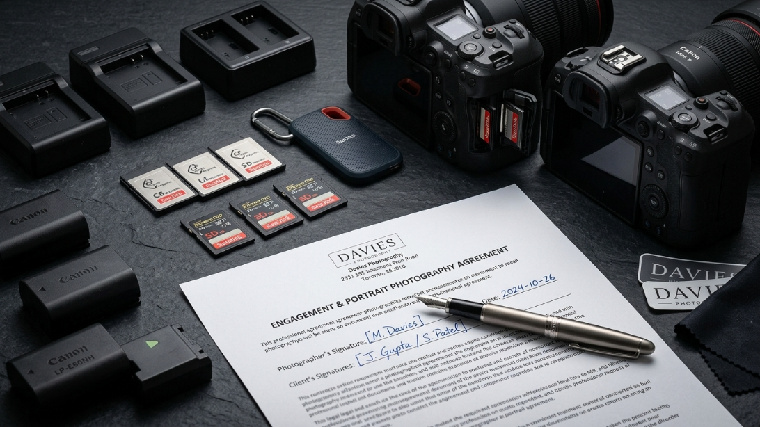 Backup camera gear, memory cards and a signed photography contract
