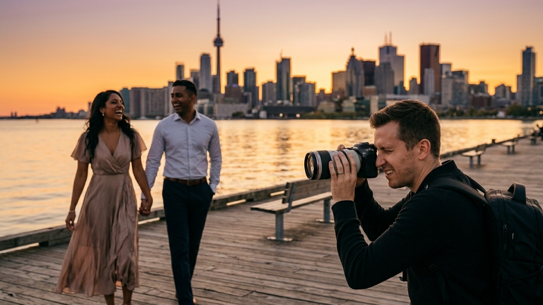 Engagement session on the Toronto waterfront at golden hour
