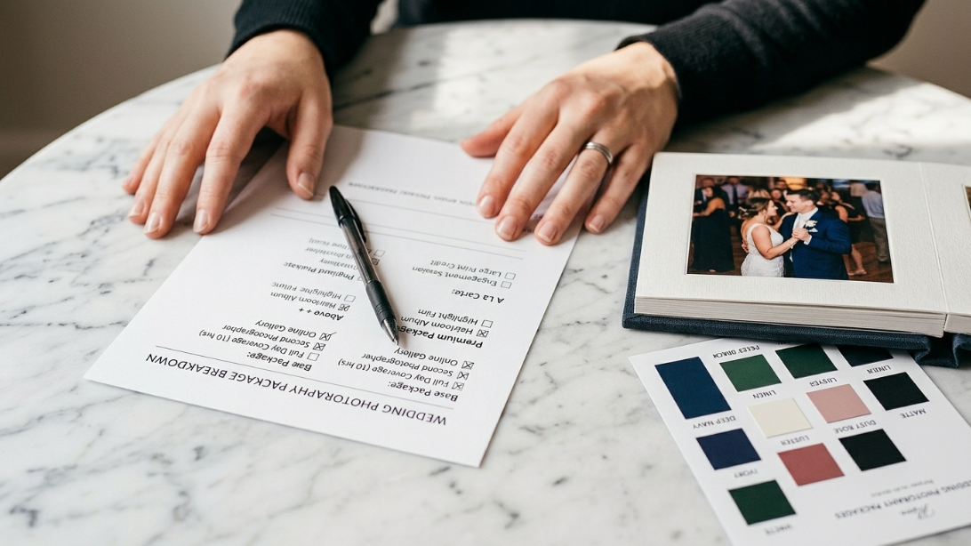 Couple reviewing a Toronto wedding photography package breakdown